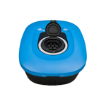 Blue and black electrical plug on a white background