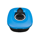 Blue and black electrical plug on a white background