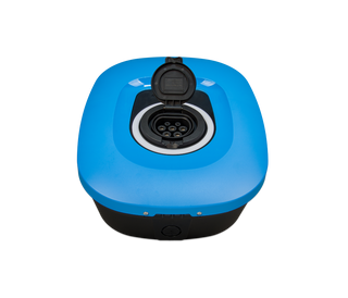 Blue and black electrical plug on a white background