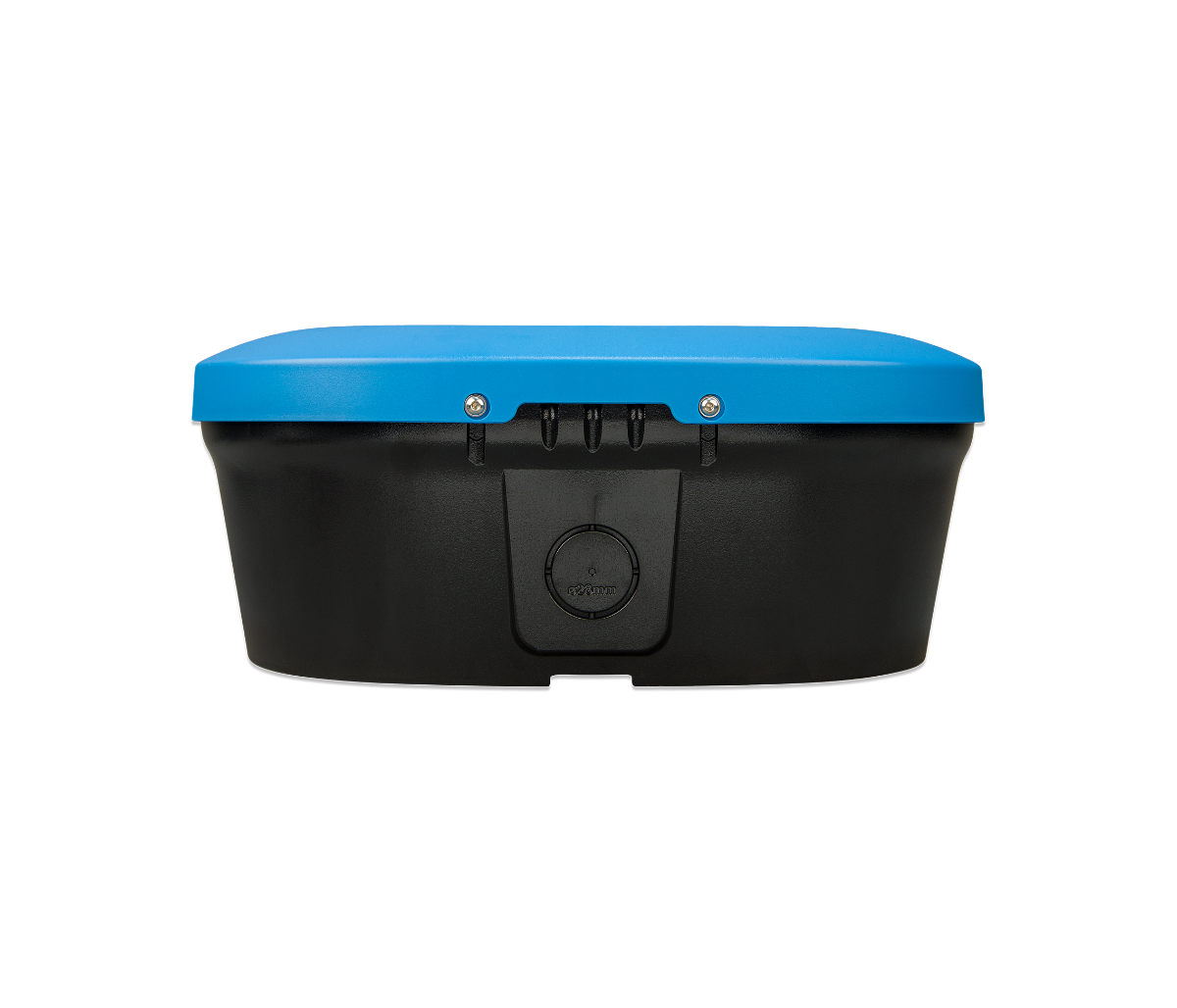 Black storage box with a blue lid on a white background