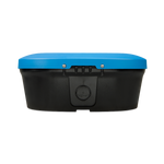 Black storage box with a blue lid on a white background