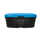 Black storage box with a blue lid on a white background