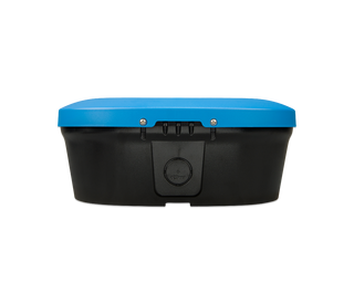 Black storage box with a blue lid on a white background