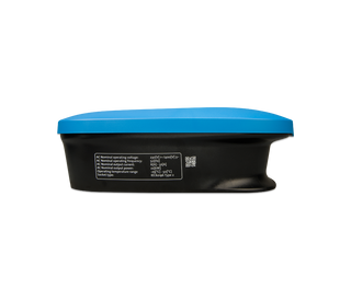 Black electronic device with a blue top on a white background