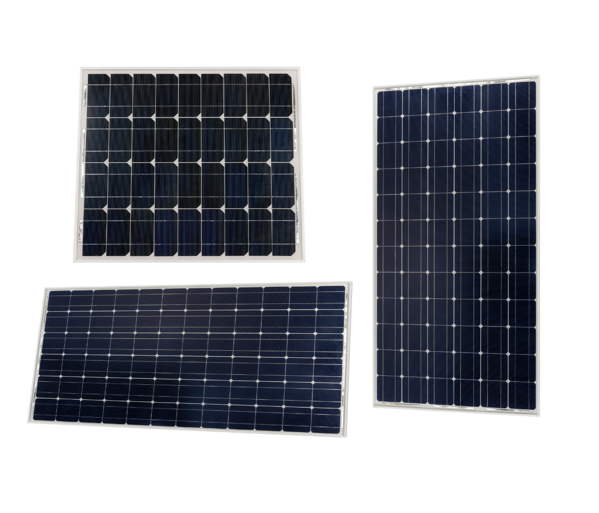 Three solar panels of different sizes on a white background