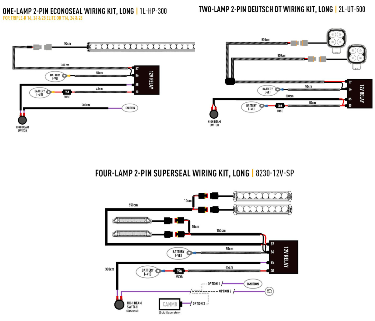Wiring diagram for various automotive lighting kits on a white background