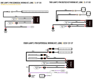 Wiring diagram for various automotive lighting kits on a white background