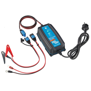 A Victron Blue Smart IP65 Charger with built-in Bluetooth, featuring red and black crocodile clips and a power cable.