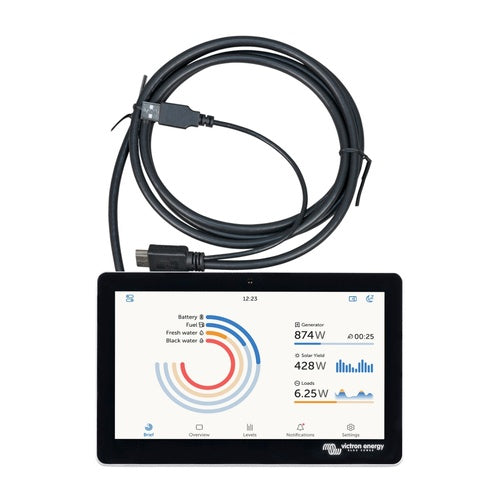Victron GX Touch 50 with the brief screen displayed: a coloured ring gauge for battery, fuel, fresh water and black water on the left, and generator 874W, solar yield 428W and loads 6.25W listed on the right, with its USB and HDMI lead above
