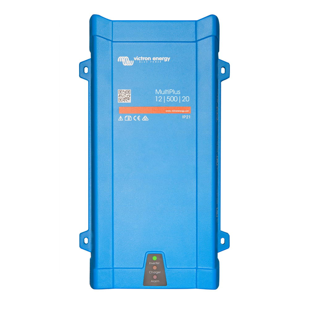 A blue Victron Energy power inverter with a QR code and model details on the label.