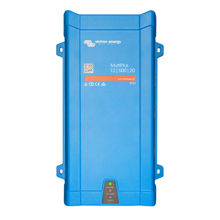 A blue Victron Energy power inverter with a QR code and model details on the label.