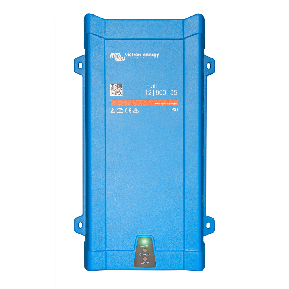 A blue Victron Energy power inverter with a QR code and model details on the label.
