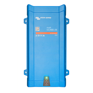 A blue Victron Energy power inverter with a QR code and model details on the label.