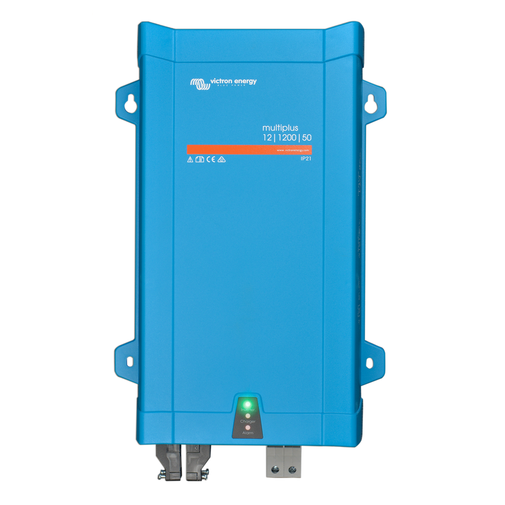 A blue Victron Energy power inverter with a QR code and model details on the label.