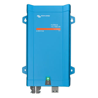 A blue Victron Energy power inverter with a QR code and model details on the label.