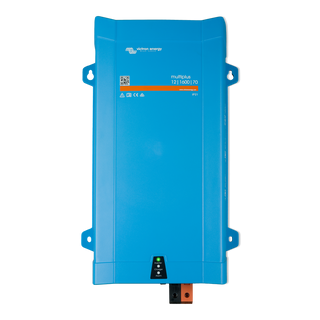 A blue Victron Energy power inverter with a QR code and model details on the label.