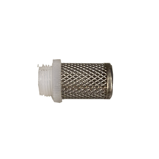 Inline strainer with a white nylon threaded body and a woven stainless mesh filter basket extending from it