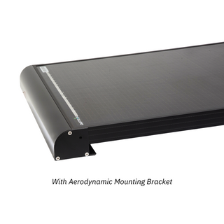 Corner of the panel fitted with the aerodynamic mounting bracket, the curved extrusion screwed to the frame so the leading edge sits flush and low