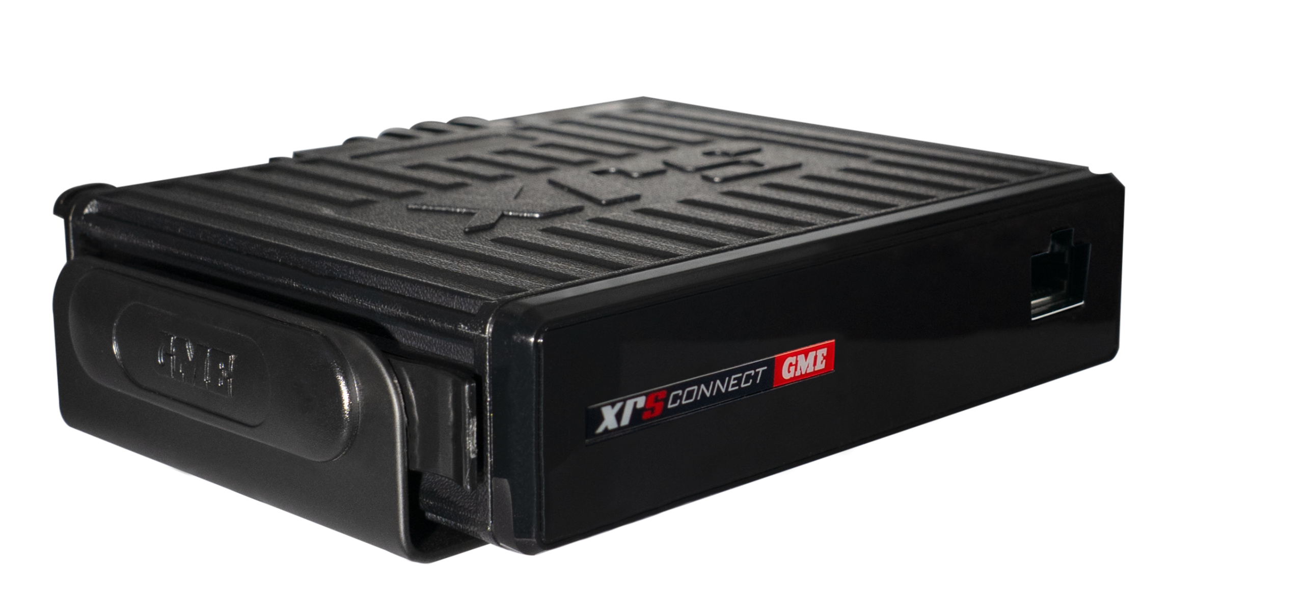 GME XRS-375C radio in slide-in mounting cradle three-quarter view