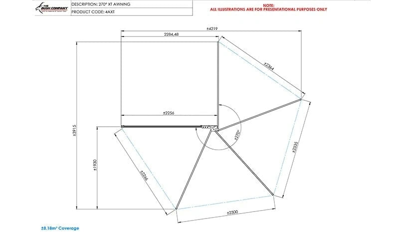 Technical drawing of the Bush Company 270 XT Awning Mk2 with dimensions on a white background