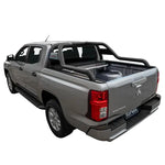 Gray pickup truck with a tonneau cover on a white background