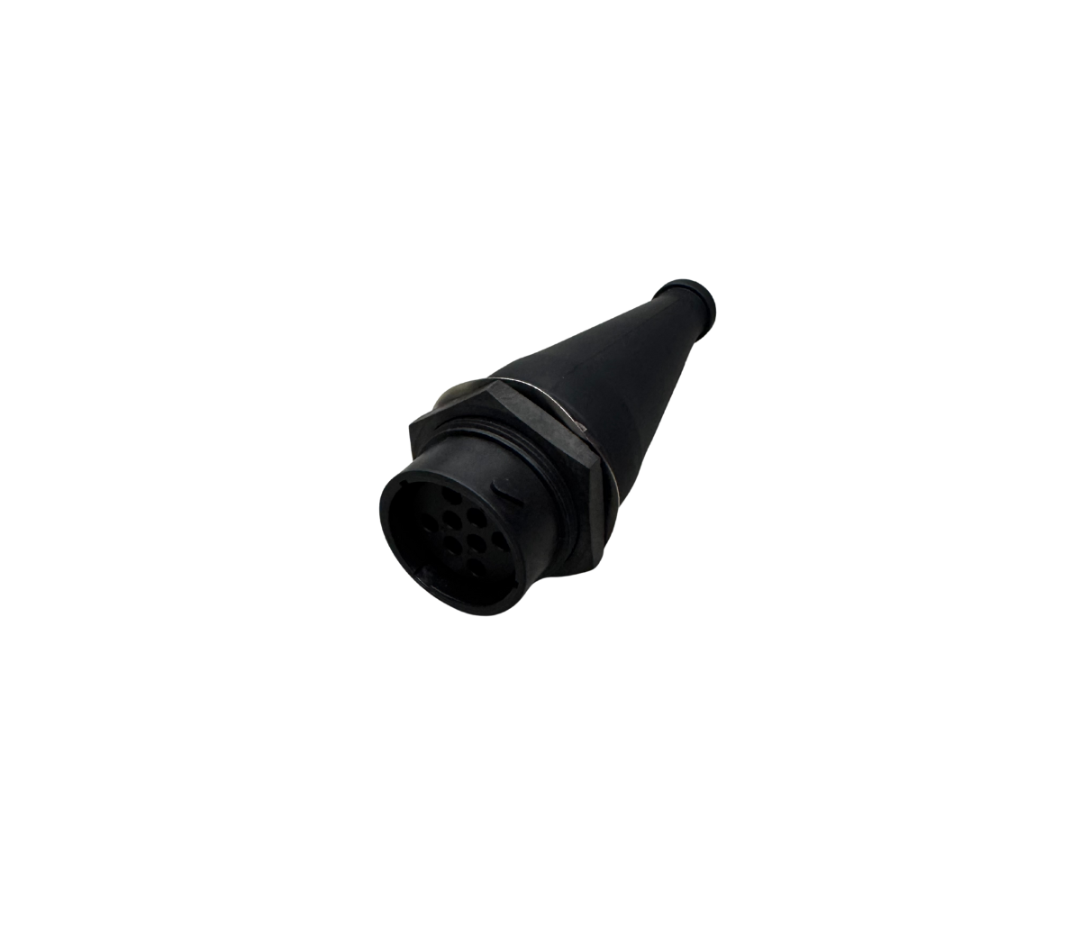 Black moulded rubber boot fitted to an eight-pin male plug, the pin face and its retaining ring at the open end