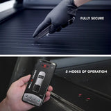 Automotive roller cover with gloved hand and smartphone app interface