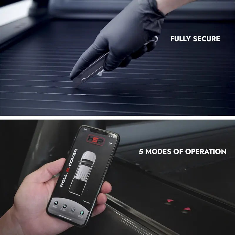 Automotive roller cover with gloved hand and smartphone app interface