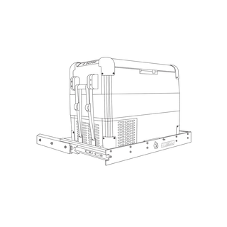 Line drawing of a fridge strapped to an MSA straight slide, drawn from a rear three-quarter angle, showing the strap routing over the fridge, the slide rails and the front panel with its locking lever