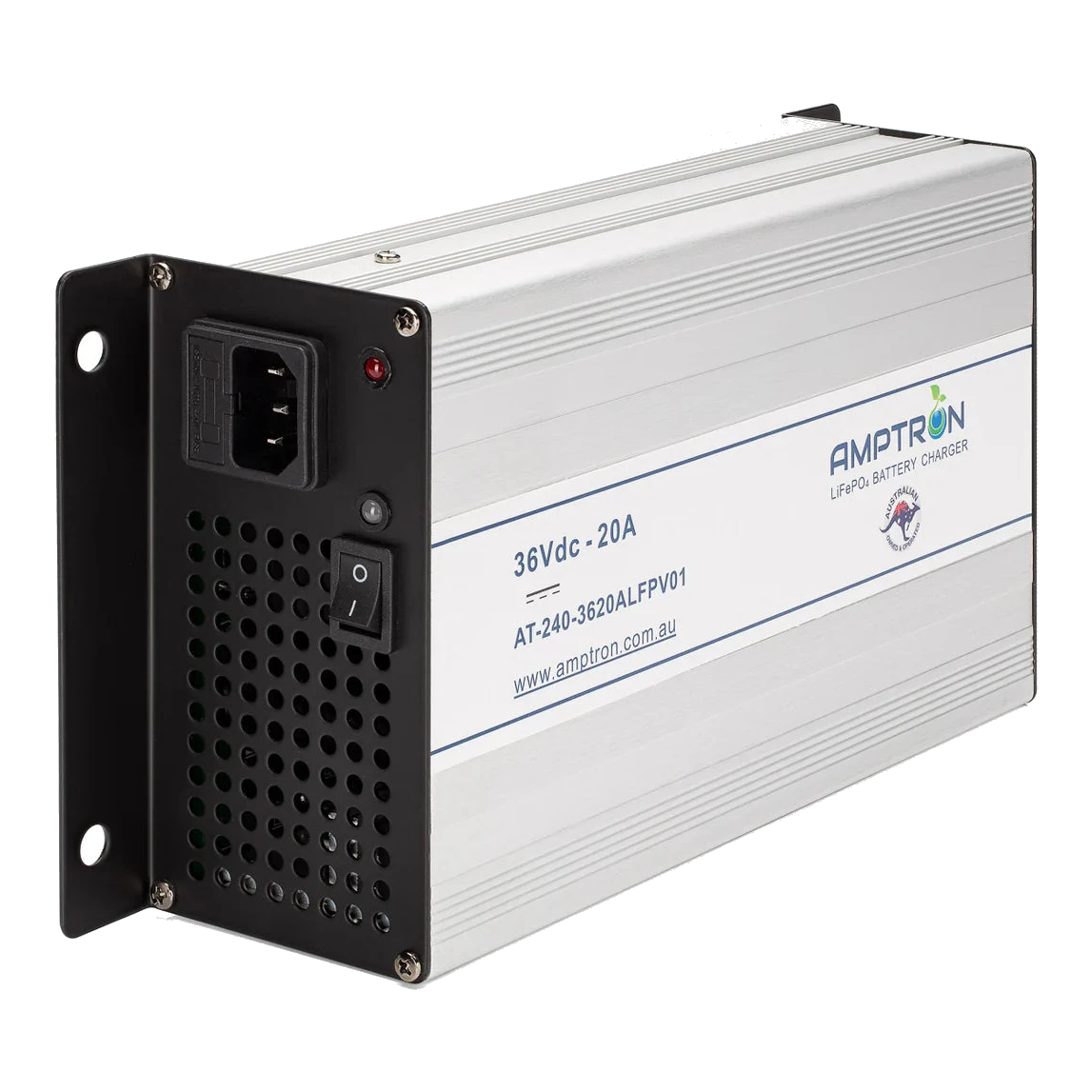 Amptron AT-240-3620ALFPV01 LiFePO4 battery charger, an aluminium case with a black mounting flange, IEC mains inlet, power switch and vented end panel, labelled 36Vdc 20A with the Australian designed and owned mark