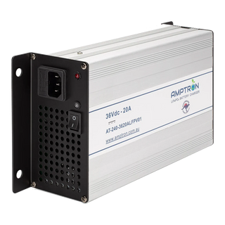 Amptron AT-240-3620ALFPV01 LiFePO4 battery charger, an aluminium case with a black mounting flange, IEC mains inlet, power switch and vented end panel, labelled 36Vdc 20A with the Australian designed and owned mark