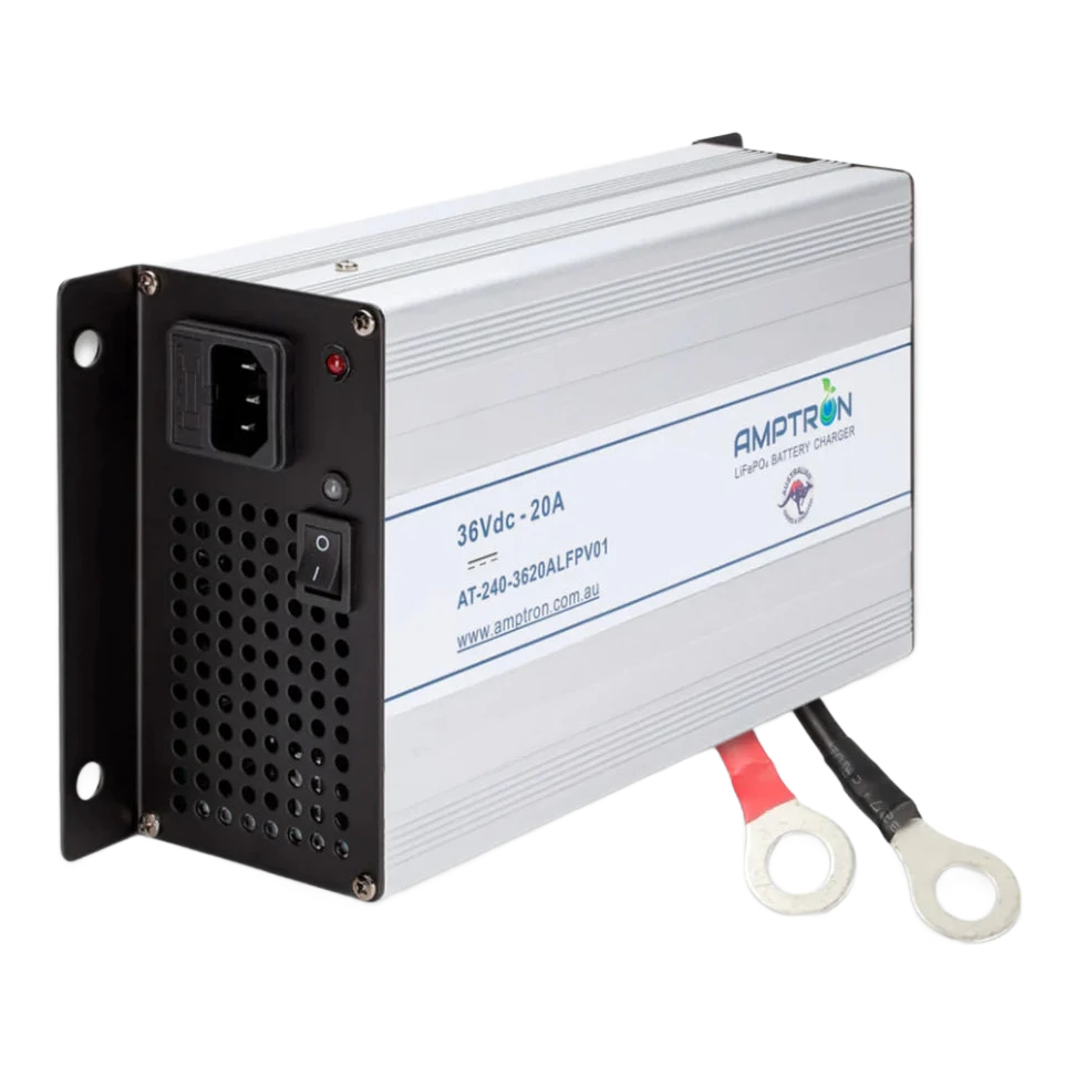 The same 36V 20A Amptron charger from the other side, showing the heavy output leads with red and black ring terminals fitted