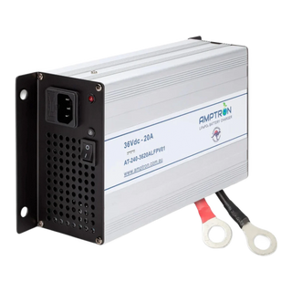 The same 36V 20A Amptron charger from the other side, showing the heavy output leads with red and black ring terminals fitted