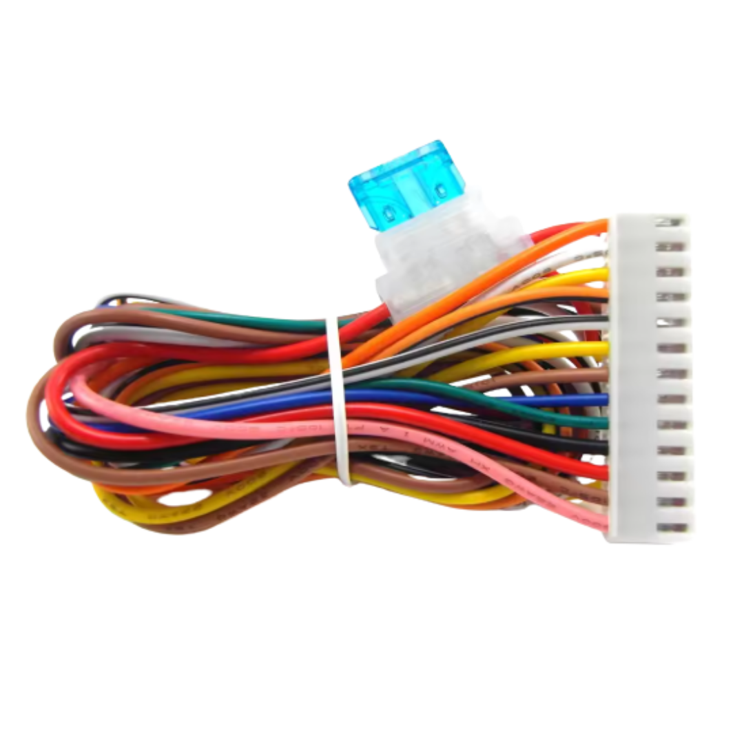 Colorful wiring harness with connectors on a white background