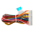 Colorful wiring harness with connectors on a white background