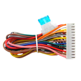 Colorful wiring harness with connectors on a white background