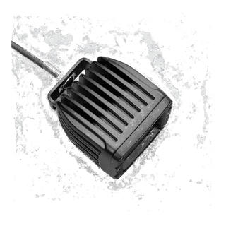 ALTIQ DX4 work light from the rear quarter, the finned heatsink filling the frame with the mounting stud and lead at the top