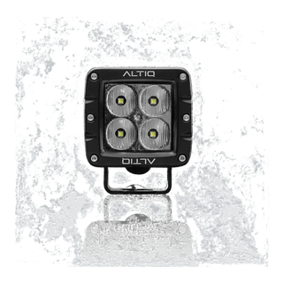 ALTIQ DX4 work light face on, the ALTIQ name above and below a square reflector holding four LEDs in individual chrome cups, with the stainless mounting bracket beneath