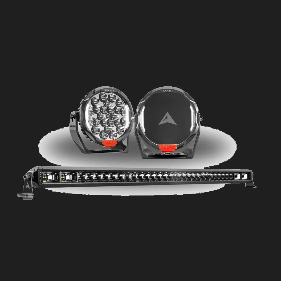 Altiq Rogue 8.5 inch Mk3 driving light bundle hero - black spotlight pair with 22 inch hybrid light bar