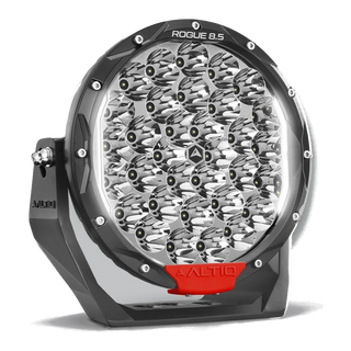 ALTIQ Rogue 8.5 Mk3 LED driving light at an angle, showing the reflector face, alloy bracket and red trim