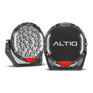 Pair of ALTIQ Rogue 8.5 Mk3 LED driving lights in Cosmic Black, one showing the LED reflector face and one fitted with the ALTIQ cover