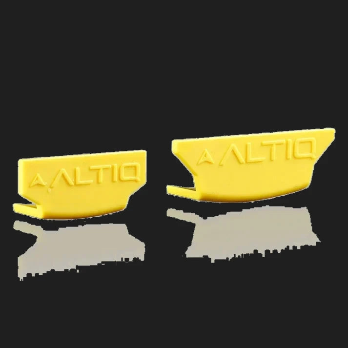 Two yellow moulded ALTIQ fascia trims shown side by side, one shorter than the other, with the ALTIQ name raised across each face