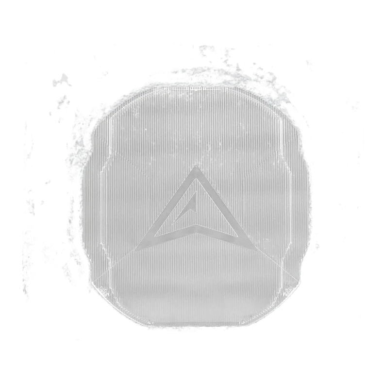 Clear panoramic lens cover square on, the vertical ribbing running the full height with the ALTIQ arrow raised in the middle