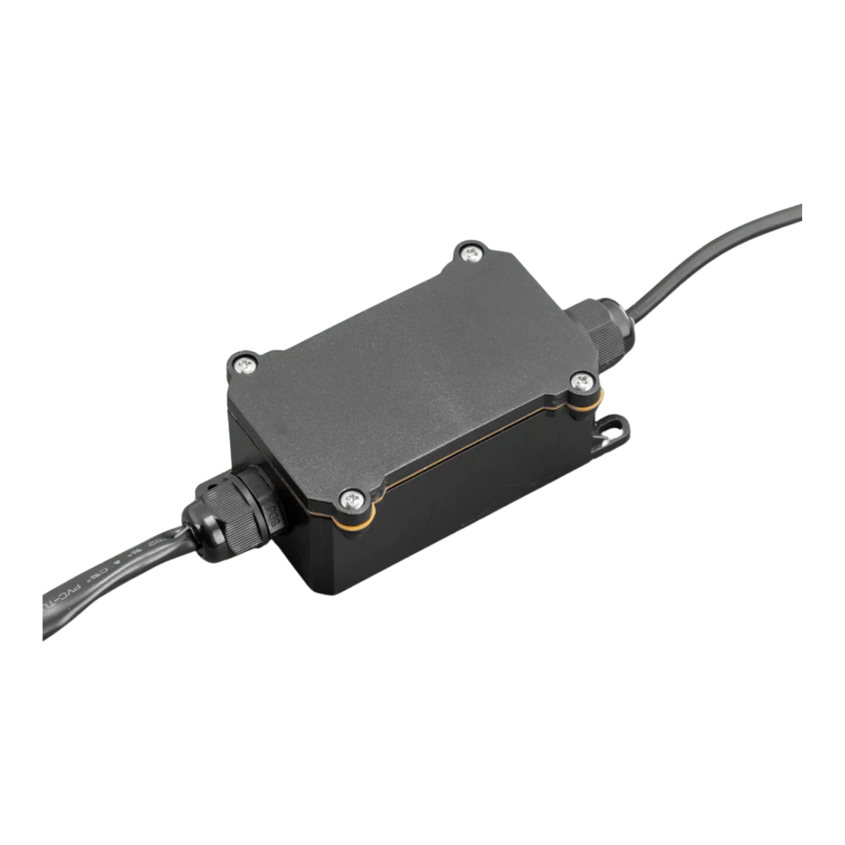 Sealed control box for the rock light kit, a black moulded housing with a screwed-down lid, an orange gasket line around the seam, cable glands at each end and a mounting lug on one corner