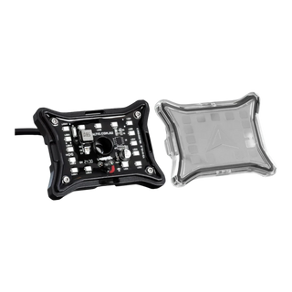 The rock light shown in two parts, the LED board in its black frame with the lead attached beside the clear lens cover that clips over it