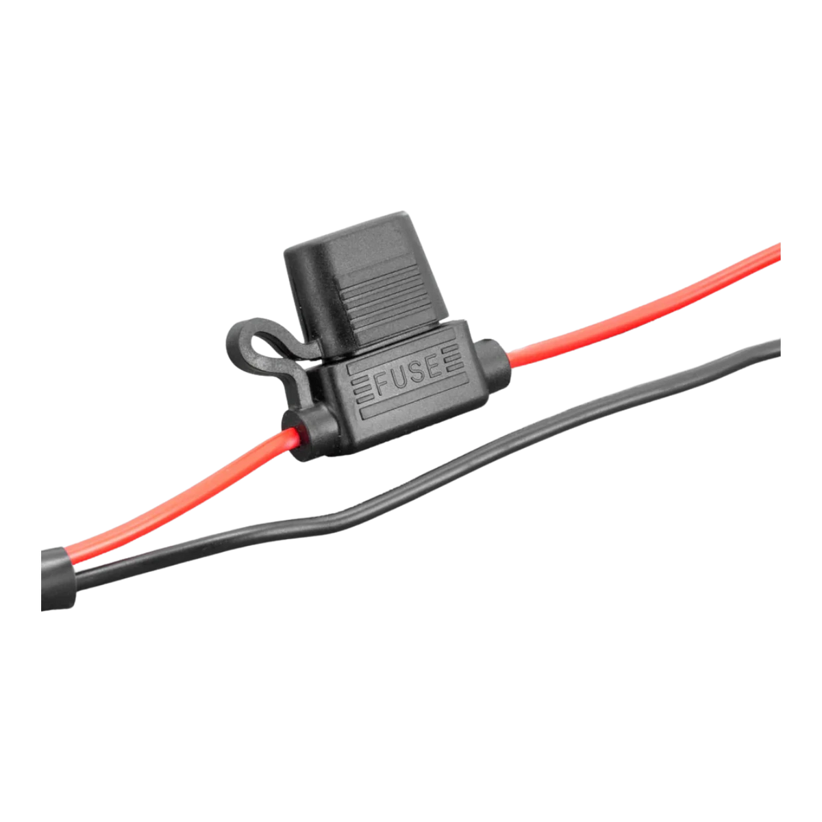 In-line blade fuse holder moulded FUSE on the body, the cover clipped shut with red and black leads running out either side