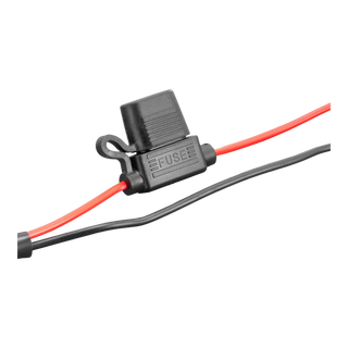 In-line blade fuse holder moulded FUSE on the body, the cover clipped shut with red and black leads running out either side