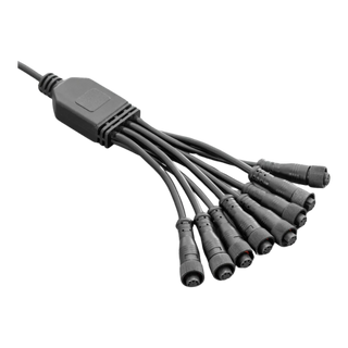 The same eight-way rock light splitter loom on a white ground, showing the moulded junction block and the eight threaded weatherproof connectors