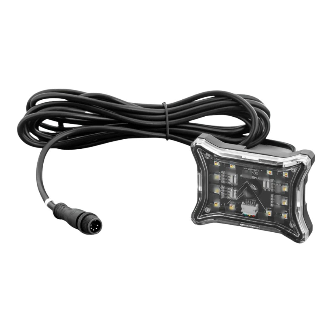 Rock light with its four-pin lead coiled behind it on a white ground, the screw-lock connector at the free end of the lead