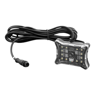 Rock light with its four-pin lead coiled behind it on a white ground, the screw-lock connector at the free end of the lead